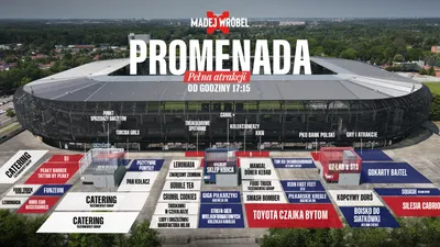 Makieta stadionu z kolorowymi sektorami i dużym napisem „PROMENADA”. [b4e750791036]